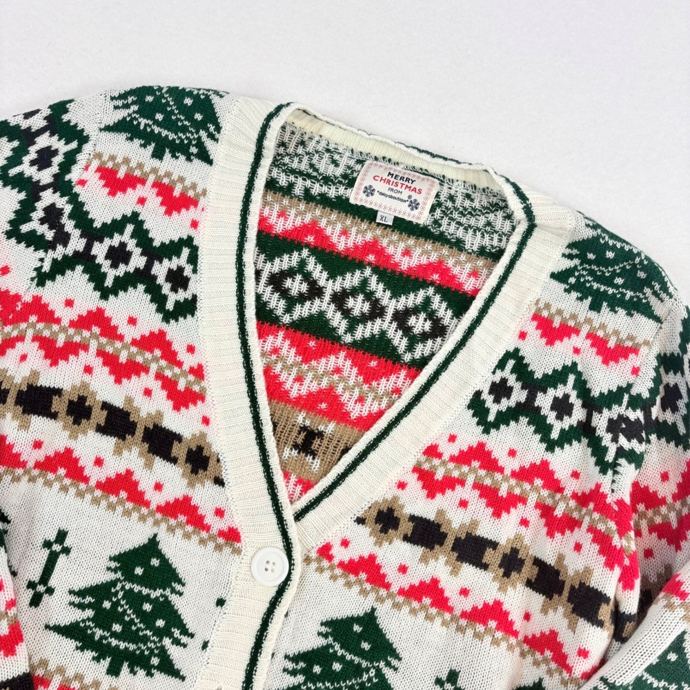 Cardigan Sweater Women's XL White Fair Isle Christmas Tree Knit Granny Holiday